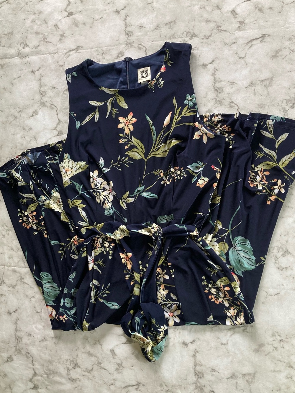 Anne Klein Navy Floral Midi Dress with Tie Waist